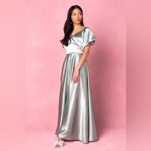 Ivy City Co Sage Satin Dress with Puff Sleeves